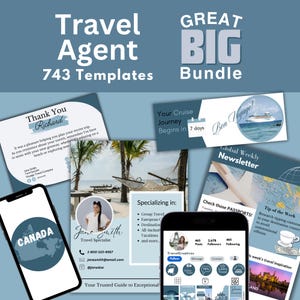 Travel Agent Template Bundle, Social Media Content, Email Header & Signatures, Thank you cards, Newsletters, Introduction Flyer and more