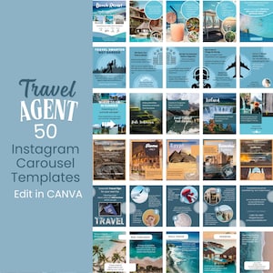 May include: A collection of 50 Instagram carousel templates for travel agents. The templates feature a variety of travel destinations, including beaches, cities, and historical landmarks. The templates are designed to be used in Canva.