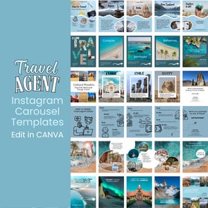 Puede incluir: Un conjunto de plantillas de carrusel de Instagram para agentes de viajes. Las plantillas presentan varios destinos de viaje, como Japón, Italia y Nueva Zelanda, con imágenes y texto. También se ven las palabras "Travel Agent" y "Edit in CANVA".