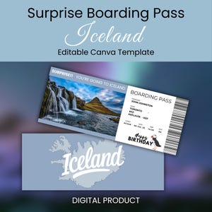 Modello di carta d'imbarco per viaggio a sorpresa, biglietto aereo falso per l'Islanda da presentare come regalo, modello fai da te modificabile in Canva, omaggio per agente di viaggio