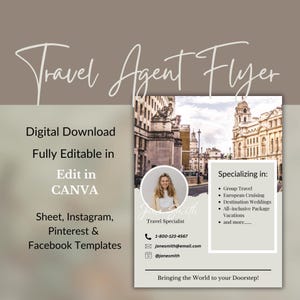 Plantilla de volante de presentación para agentes de viajes, nuevas publicaciones de Instagram y Facebook para agencias de viajes, marketing para agencias de viajes, volante beige