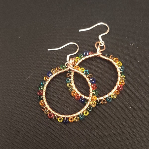 Wire-wrapped beaded hoop earrings, handmade copper jewelry, Czech glass seed beads