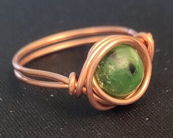 Wire-wrapped ring with green tree agate, handmade copper jewelry