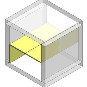 May include: A yellow wooden shelf unit with three shelves, inside a clear cube-shaped box.