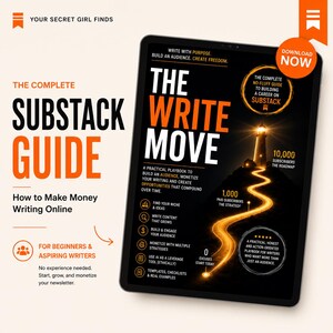 May include: A digital tablet displays a guide titled The Write Move, featuring a lighthouse graphic with a winding path. Text includes The Complete Substack Guide, How to Make Money Writing Online, and For Beginners & Aspiring Writers, with an orange Download Now button.