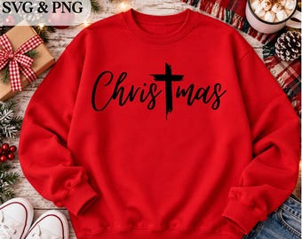 May include: A bright red crewneck sweatshirt featuring the black text "Christmas" printed across the chest, where the letter "t" is replaced by a black cross graphic. The sweatshirt has long sleeves and a ribbed collar, cuffs, and hem.