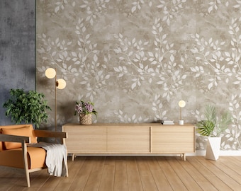 White Leaf Pattern Floral Wallpaper, Traditional Wallpaper, Peel and Stick Wallpaper