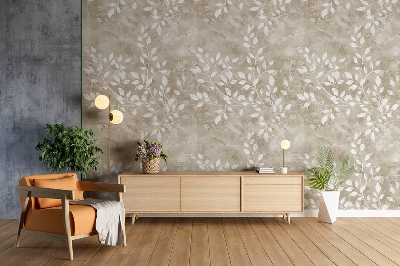 Papier peint floral à motif de feuilles blanches, papier peint traditionnel, papier peint autocollant image 1