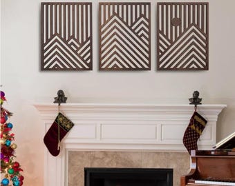 Modern Mountain and Sun Wall Sculptures - Set of 3 - Walnut - Home Decor Accent - Large Wall Art - Living Bedroom - Gift - Home Decor