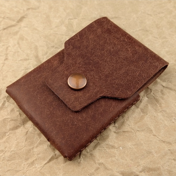 Pueblo leather card holder slim compact lightweight minimalist vertical wallet with snap fastener press stud made to order