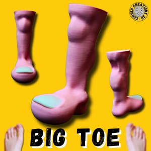 以下が含まれることがあります： 3Dプリントされた、ピンク色の特大の親指モデル。水色の爪が付いています。画像には、黄色の背景に対して、親指の3つの異なるビューが示されています。「BIG TOE」というテキストが黒色で表示されています。