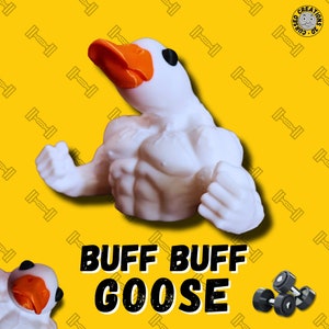 Puede incluir: Una figura de ganso blanco musculoso con un pico naranja brillante. El ganso está flexionando los músculos bíceps. La figura está sobre un fondo amarillo con un patrón de pesas negras. El texto "BUFF BUFF GOOSE" está escrito en letras negras debajo del ganso.
