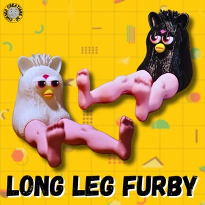 May include: Two white and black Furby toys with long pink legs. The toys are posed with their legs outstretched. The background is a yellow and black geometric pattern.