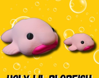 Può includere: Due giocattoli a forma di pesce blob rosa su uno sfondo giallo con cerchi bianchi. Il pesce blob più grande ha una bocca rosa e occhi neri. Il pesce blob più piccolo ha una bocca rosa e occhi neri. Il testo "UGLY LIL BLOBFISH" è in basso nell'immagine.