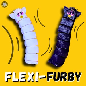 May include: Two articulated Flexi-Furby toys, one white and one dark purple, against a yellow background. The white Furby has pink eyes and a yellow beak, while the purple one has pink eyes and a yellow beak. The text "FLEXI-FURBY" is at the bottom.