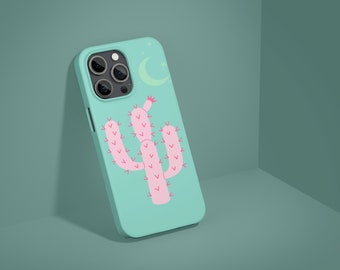 May include: A turquoise phone case with a pink cactus and a crescent moon design.