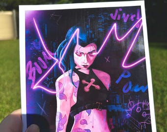 May include: A digital illustration of a female character with blue hair and a pink and black outfit. The character is surrounded by a neon pink glow with the words "Jivril" and "Pow" written in a graffiti style.