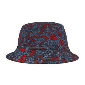 Bucket Hat, Black, blue & red pattern.