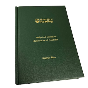May include: A green hardback book with gold lettering. The title is "Analysis of Cosmetics: Identification of Counterfeit" and the author is "Jingyan Zhao". The book is from the University of Reading.