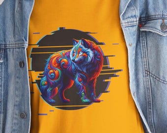 Wolfshirt: kleurrijk T-shirt met psychedelische wolf, neon tribal design