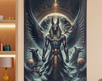 Gobelin Anubis: Egipski bóg, dekoracja ścienna, dekoracja starożytnego Egiptu, mitologiczna sztuka ścienna