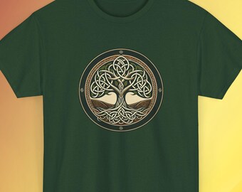 May include: Dark green t-shirt featuring a circular Celtic tree of life design. The artwork is in shades of brown, tan, and cream, with intricate knotwork. The design is centered on the shirt, creating a visually balanced composition.