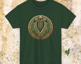 Celtic Harp T-Shirt: Irish Knotwork Design, Gaelic Heritage