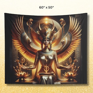 May include: A tapestry featuring a golden goddess with wings, a crown, and a lotus flower in each hand. The goddess is sitting on a throne with a golden background. The tapestry is 60 inches by 50 inches.