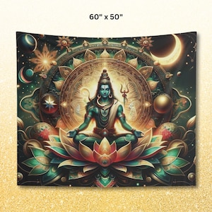 May include: A tapestry featuring a meditating figure with blue skin, set against a backdrop of celestial elements. The artwork, measuring 60" x 50", showcases intricate details, including a lotus flower and a crescent moon, in shades of green, gold, and blue.