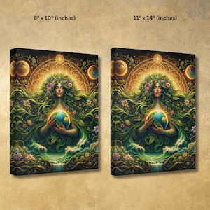 May include: Two canvas prints, 8 x 10 inches and 11 x 14 inches, depict a woman with flowing green hair and floral adornments, holding a globe. The artwork features a celestial background with planets and a golden halo, showcasing a nature-inspired theme.
