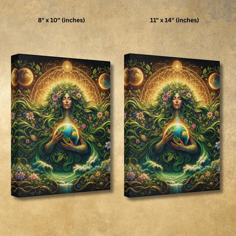 May include: Two canvas prints, 8 x 10 inches and 11 x 14 inches, depict a woman with flowing green hair and floral adornments, holding a globe. The artwork features a celestial background with planets and a golden halo, showcasing a nature-inspired theme.