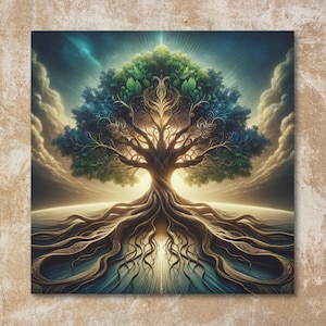 May include: A digital art print of a tree with intricate branches and roots. The tree's leaves are green and blue, with a golden light emanating from the center. The roots extend into a body of water, and the sky is filled with clouds.