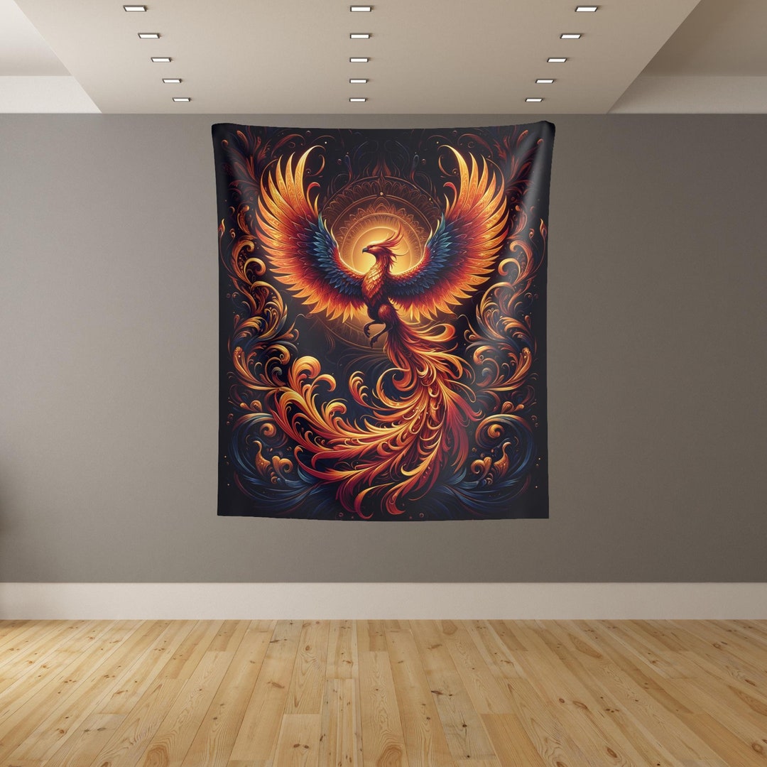 Phoenix Rising Tapestry: Fiery Rebirth Wall Art, Mythical Bird of Flame ...