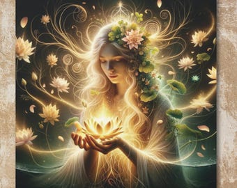 Arte en lienzo de Gaia: Diosa Madre Tierra, Arte mural espiritual de luz de loto