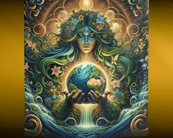 Puede incluir: Un tapiz que representa a una mujer con cabello verde fluido y una corona de flores, sosteniendo un globo terráqueo azul y verde en sus manos. El globo está rodeado por una cascada y vegetación exuberante. El tapiz mide 127 cm por 152 cm.