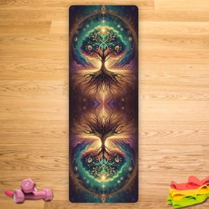 May include: A yoga mat with a colorful design featuring a tree of life with intricate details and a mandala-like pattern. The tree is surrounded by a golden circle and has roots that extend into the ground. The background is a dark blue with stars and swirls.