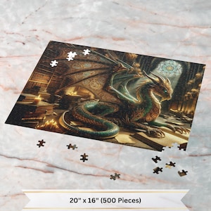 Library Dragon Puzzle, Jigsaw Puzzle For Adults, Book Lover Puzzle, Dragon Lover Gift, Romantasy Jigsaw, Classic Jigsaw~120, 252, 500 Pieces
