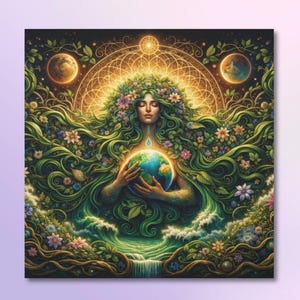May include: A square canvas print featuring a vibrant illustration of a woman with flowing green hair adorned with flowers, cradling a globe. The artwork has a celestial theme, with planets and a golden halo in the background. The color palette includes greens, blues, and golds.