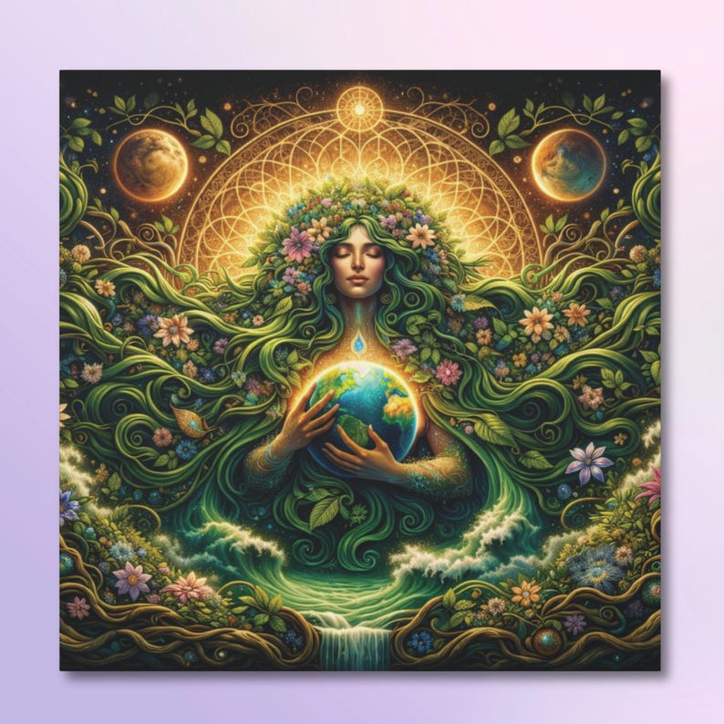 May include: A square canvas print featuring a vibrant illustration of a woman with flowing green hair adorned with flowers, cradling a globe. The artwork has a celestial theme, with planets and a golden halo in the background. The color palette includes greens, blues, and golds.