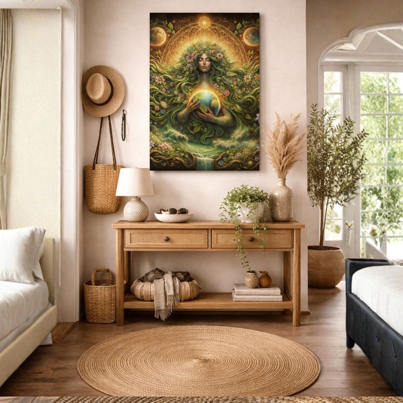 May include: A framed canvas art print depicts a woman holding a globe, surrounded by flowing green hair, flowers, and water. The artwork has a warm color palette with gold accents. The room features a wooden console table, a round jute rug, and decorative items.