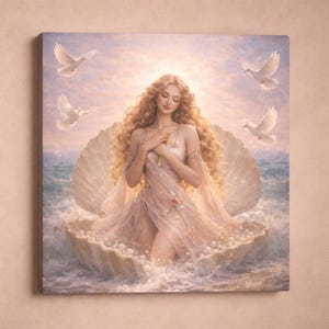 Puede incluir: Impresión en lienzo que representa a una mujer con largo cabello rubio suelto, vestida con un vestido fluido, emergiendo de una concha. Palomas blancas vuelan en el fondo contra un cielo y un océano pastel. La obra evoca serenidad.