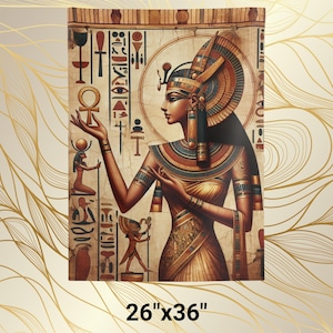 Peut inclure: Une peinture d'une reine égyptienne portant une couronne et des bijoux en or. Elle se tient devant un mur avec des hiéroglyphes. La peinture mesure 26 pouces par 36 pouces.