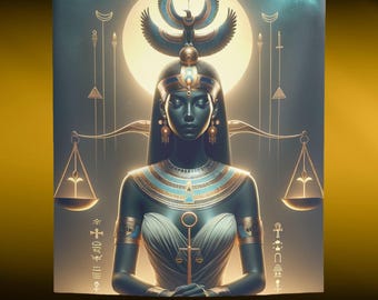 May include: A tapestry featuring a golden goddess with a crown of feathers and scales, holding a staff with a scale symbol. The goddess is surrounded by a crescent moon and stars, and the background is a dark blue with gold accents. The tapestry is 50 inches by 60 inches.