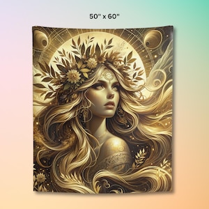 Freya Tapestry, Norse Goddess Wall Art, Golden Divine Feminine Decor, Viking Mythology Tapestry, Pagan Altar Cloth, Boho Witchy Art