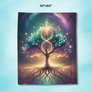 May include: A tapestry featuring a vibrant, colorful tree with an infinity symbol at its center. The tree has green and purple leaves, a brown trunk, and roots that spread out across a golden background. The tapestry is 50 inches by 60 inches.