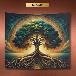 May include: A tapestry featuring a large, detailed tree with green leaves and golden roots. The tree is surrounded by a golden mandala design and a blue sky with clouds. The tapestry is 60 inches by 50 inches.