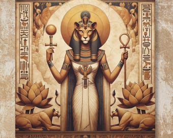 May include: An artistic depiction of an Egyptian deity with a lioness head, holding a scepter and an ankh. The artwork features hieroglyphs, lotus flowers, and lions in a warm, earthy color palette.