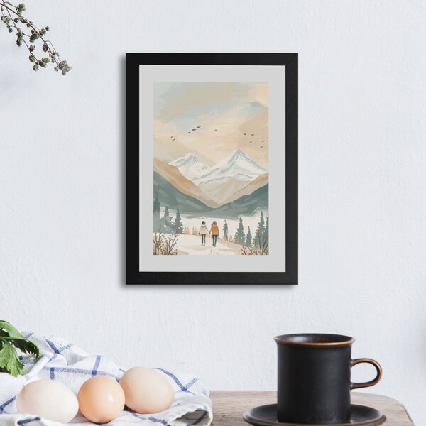 Rustic Mountain Landscape Art Print, Siblings Adventure Wall Decor, Modern Nature Illustration, Scenic Wilderness Poster, Home Decor Gift