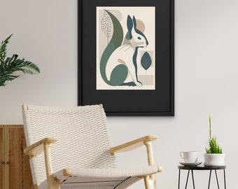 Impression d’art abstraite de lapin, décoration murale moderne du milieu du siècle, illustration animale minimaliste, affiche géométrique pour la maison et le bureau