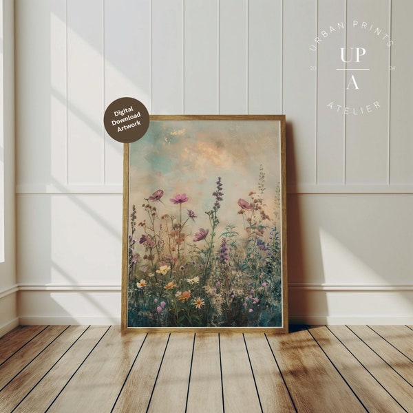 SVG Vintage Floral Wall Art, Botanical Print, Rustic Meadow Flowers Painting, Shabby Chic Home Decor